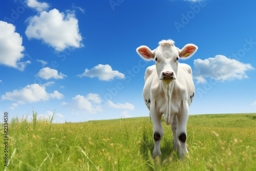 The photo shoot of a young black and white  brown and white calf cow is standing in a meadow grass field with bright sky on a sunny day. Generative AI.