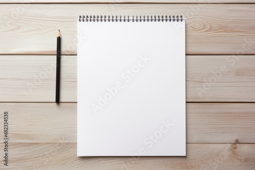 An open notebook with a white blank sheet on a wooden table, top view. Copy space mockup for logo design or text. Generative AI. Write a letter, take notes or draw sketches.