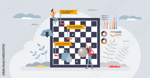 Strategic product positioning and business strategy tiny person concept. Effective company development with precise market and customer research vector illustration. Target audience for advertising.