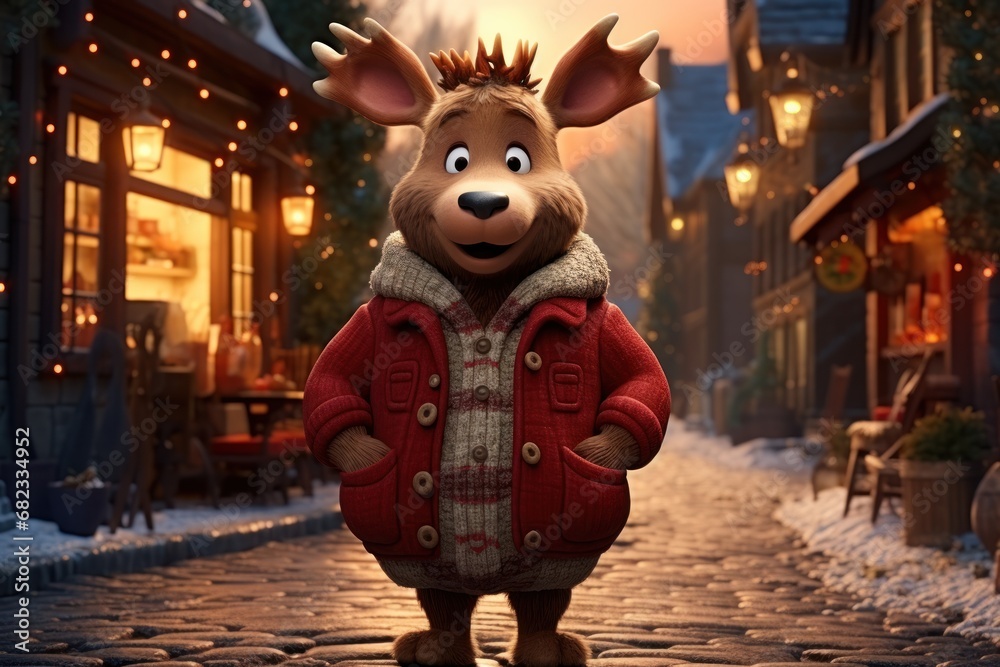  a cartoon character in a red coat is standing on a cobblestone street in front of a storefront with christmas lights and a deer's head on.