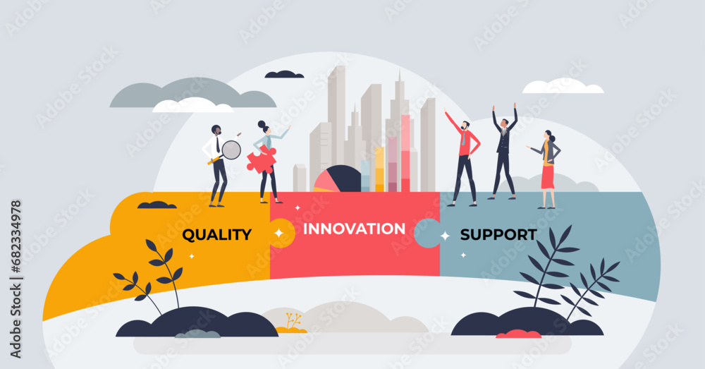 Bridge of value creation with quality, support and innovation tiny person concept. Business strategy, planning and evaluation vector illustration. Collaboration for creative and innovative project. - obrazy, fototapety, plakaty 
