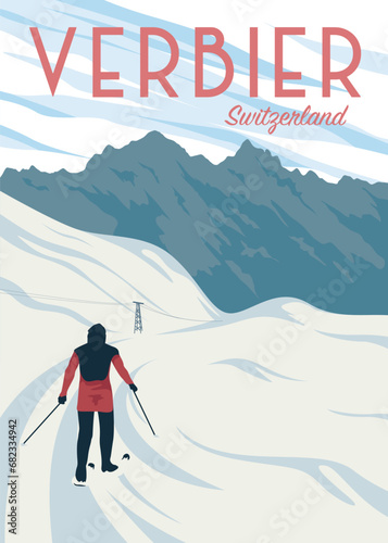skiing with amazing view in verbier poster vintage illustration design, switzerland national park poster