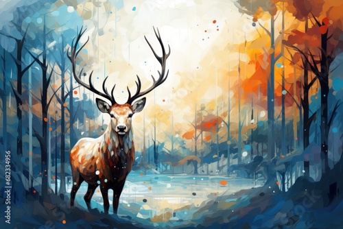  a painting of a deer standing in the middle of a forest with lots of trees and leaves on it's sides, in front of a yellow and orange and blue sky.