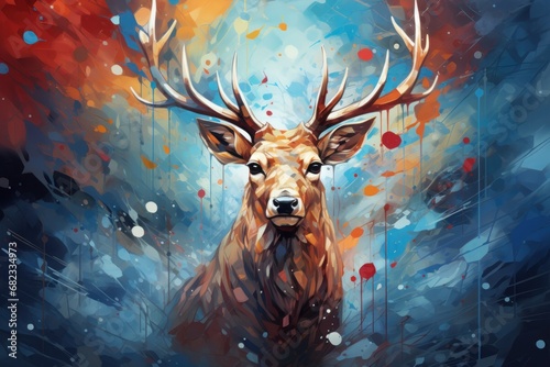  a painting of a deer's head with red, orange, and blue paint splatches on it's face and a background of blue, red, white, yellow, orange, and blue, and red, and black, and white, and blue hued, and.
