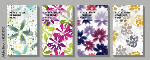 Botanical line art wallpaper with flowers, branches and eucalyptus leaves Colorful geometric background, vector illustration.