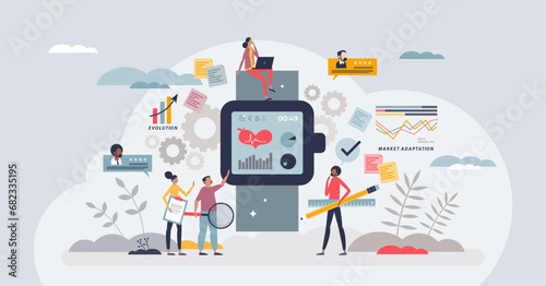 Evolving product positioning with user market feedback tiny person concept. Evaluation for best improvement and development vector illustration. Market adaptation for successful technology evolution.