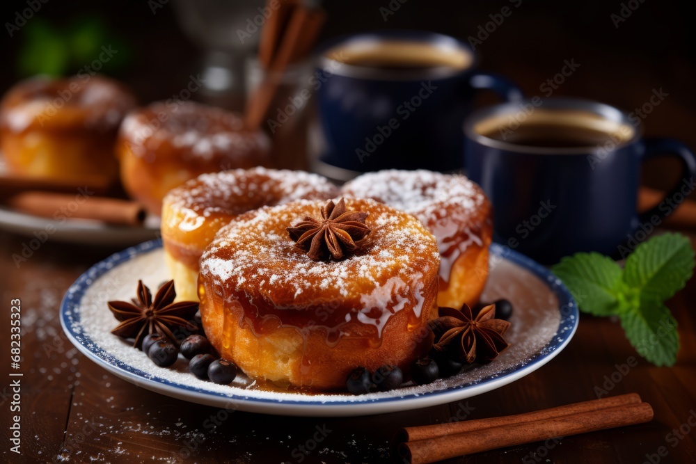 A traditional Portuguese delicacy, Pastel de Nata, beautifully arranged on a rustic wooden table, dusted with cinnamon and powdered sugar, ready to be savored with a cup of coffee