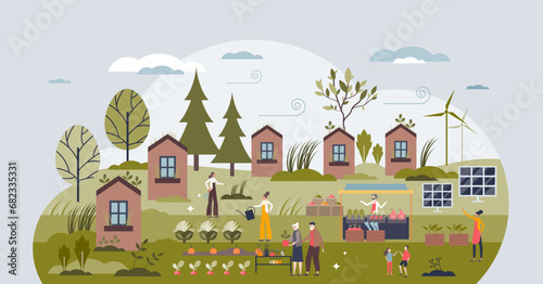 Self sufficient community with green lifestyle practices tiny person concept. Ecological local food growing and alternative energy consumption vector illustration. Eco home district with organic farm