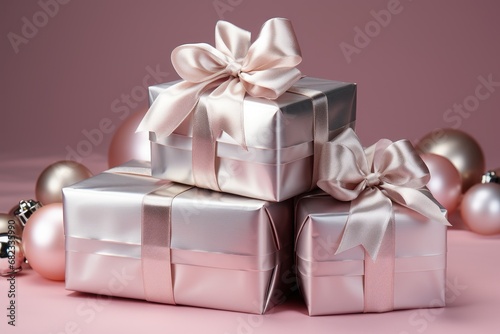  a group of wrapped presents sitting on top of a pink surface next to christmas ornaments and bauben balls on a pink surface with a pink background with a pink background. photo