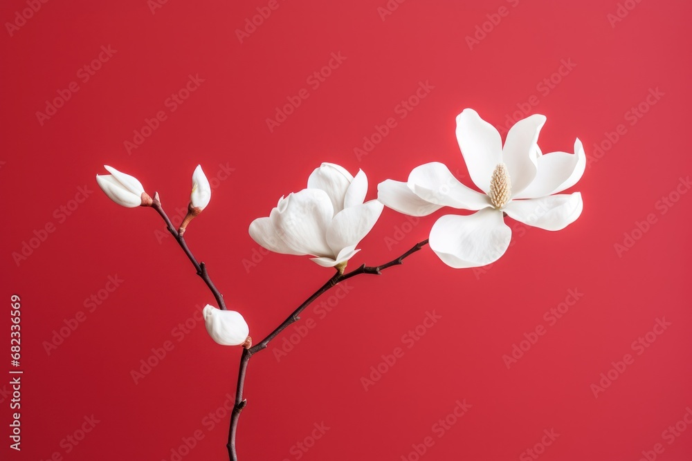  a close up of a flower on a branch on a red background with only one flower in the center of the branch and one flower in the middle of the branch.