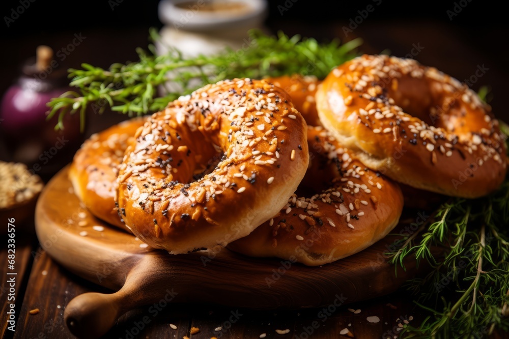 A vibrant and detailed food photography showcasing a variety of freshly baked bagels, topped with cream cheese, sesame seeds, and a sprinkle of herbs, served on a rustic wooden table A vibrant and detailed food photography showcasing a variety of freshly baked bagels, topped with cream cheese, sesame seeds, and a sprinkle of herbs, served on a rustic wooden table