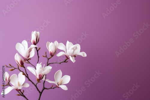  a close up of a branch with white flowers on a purple background with a soft focus to the center of the branch and the top of the branch withered flowers.