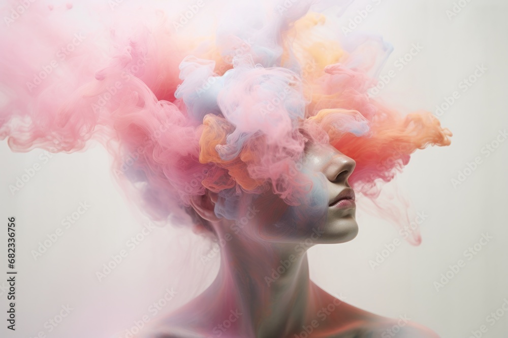  a woman's head with colored smoke coming out of the top of her head and the smoke coming out of the top of her head is pink and orange.