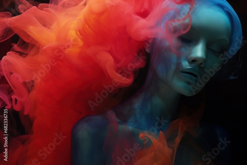  a woman's face is covered in red and blue smoke as she stands in front of a red, orange, and blue smoke cloud of smoke behind her head.