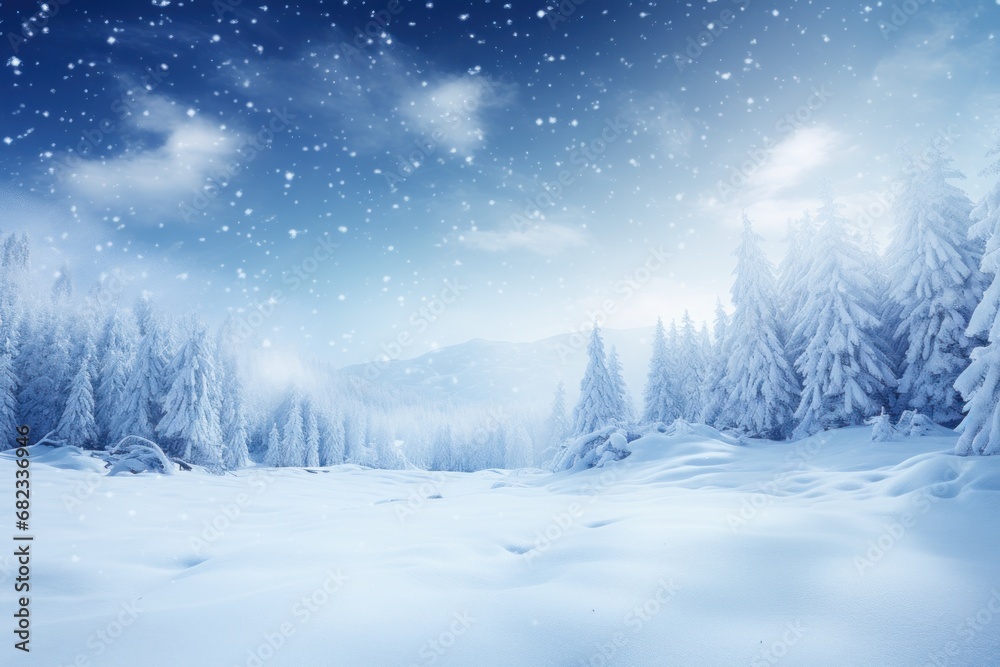  a snowy landscape with snow flakes and pine trees in the foreground and a blue sky with white stars and a few clouds in the middle of the sky.