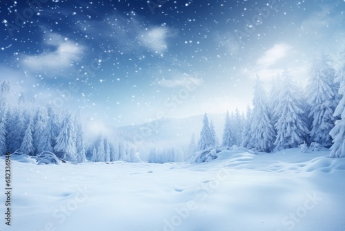  a snowy landscape with snow flakes and pine trees in the foreground and a blue sky with white stars and a few clouds in the middle of the sky.