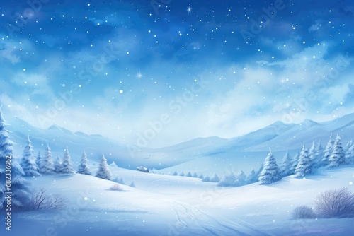  a painting of a snowy landscape with snow covered trees and a blue sky with stars and snow flakes on the top of the trees and bottom of the picture.