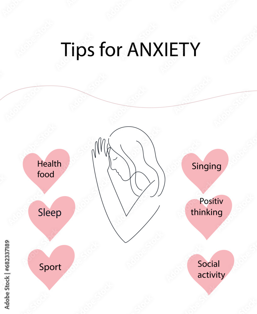Tips for anxiety. Woman with anxiety disorder. Mental health concept. Vector doodle line illustration.