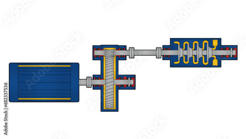 Centrifugal compressor, gearbox, and induction motor color vector drawing showing couplings, journal bearings, single helical gears, impellers, and thrust bearings