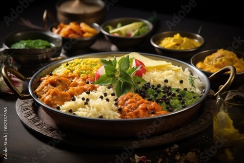 Traditional Indian thali dish with various curries and rice