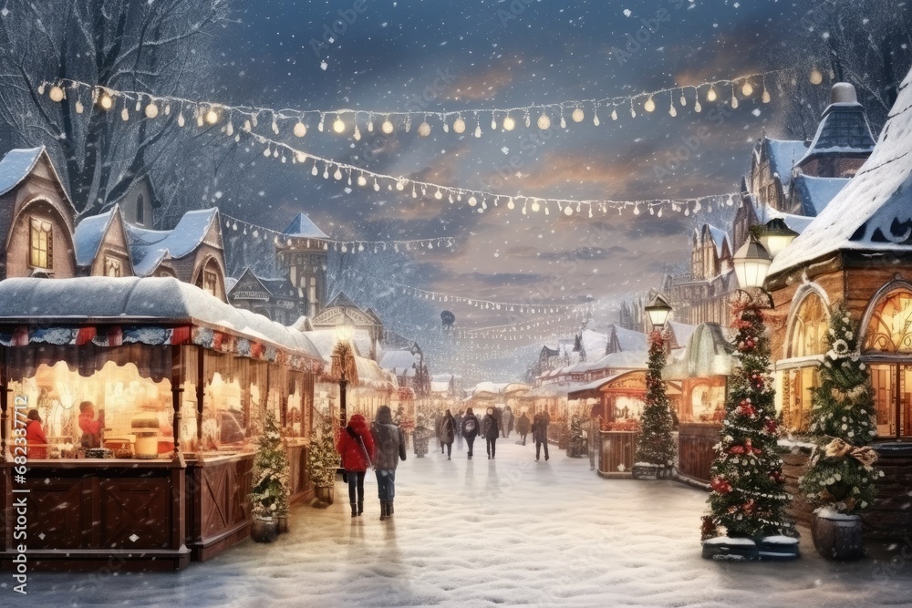 Christmas outdoor markets in streets of night city covered with snow. Generative Ai.