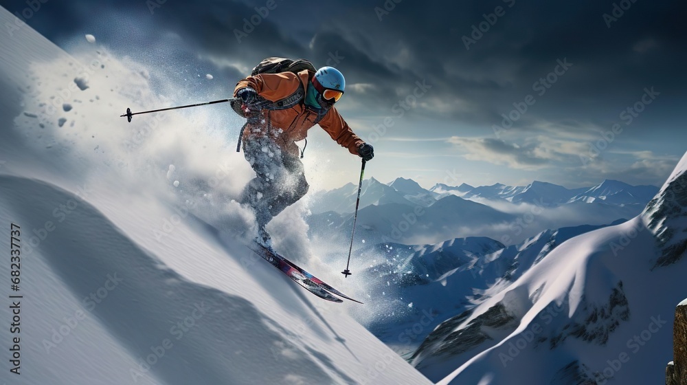 A skier jumps down a stee