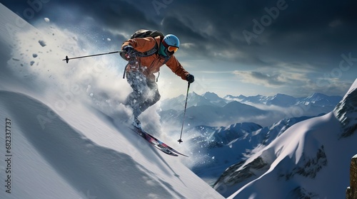 A skier jumps down a stee