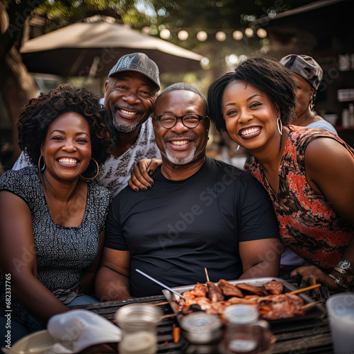 Joyful gathering of middle-aged African-American friends at a barbecue restaurant displaying happiness bonding and relaxed socializing with food and laughter photo