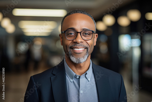 Portrait of a confident smiling African American businessman in a modern office setting depicting leadership and success suitable for corporate branding and advertising
