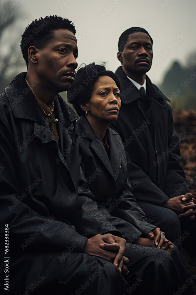 Family in mourning wearing black attire outdoors depicting grief unity