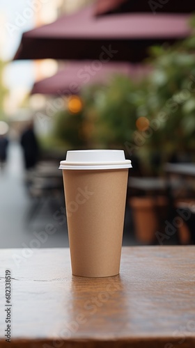 Craft paper biodegradable disposable cup with lid for hot drinks on a wooden table of street cafe. Tea or coffee to take away. Copy space mockup for logo design or text. Generative AI.