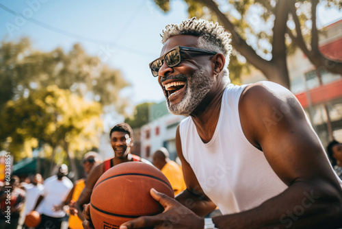 Mature African descent man playing basketball with friends on a sunny urban court conveying energy joy and camaraderie suitable for sports and healthy lifestyle marketing