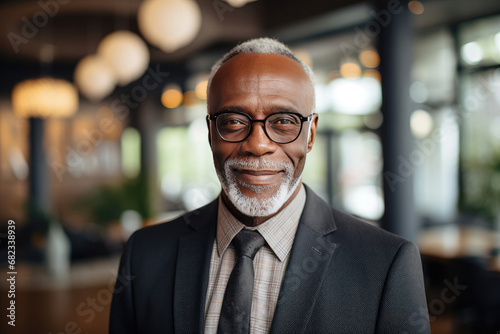 Portrait of a smiling African mature male in professional business attire projecting confidence and success for corporate branding and leadership coaching