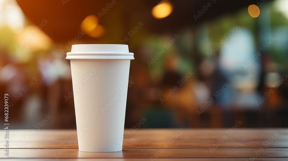 White paper biodegradable disposable cup with lid for hot drinks on a wooden table of street cafe. Tea or coffee to take away. Copy space mockup for logo design or text. Generative AI. White paper biodegradable disposable cup with lid for hot drinks on a wooden table of street cafe. Tea or coffee to take away. Copy space mockup for logo design or text. Generative AI.