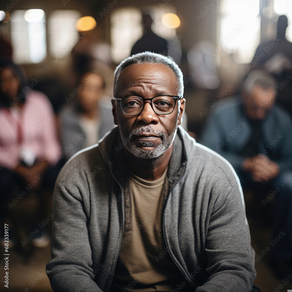 Portrait of a thoughtful senior man of African descent with beard and glasses at an educational seminar focused on personal growth and mentorship Portrait of a thoughtful senior man of African descent with beard and glasses at an educational seminar focused on personal growth and mentorship