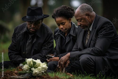 Family in mourning at funeral with sorrow and remembrance African American adults in solemn unity at cemetery reflecting on loss and support in nature