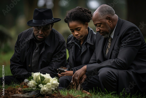 Family in mourning at funeral with sorrow and remembrance African American adults in solemn unity at cemetery reflecting on loss and support in nature photo
