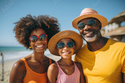 Beach Vacation Portrait showcasing a joyful African descent family on holiday bonding in a sunny and playful atmosphere suitable for travel and lifestyle industries © Made360