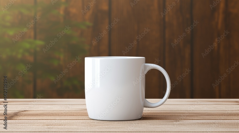 A white ceramic mug for hot drinks stands on a wooden table in a modern kitchen. Close-up view. Copy space mockup for logo design or text. Generative AI. A white ceramic mug for hot drinks stands on a wooden table in a modern kitchen. Close-up view. Copy space mockup for logo design or text. Generative AI.