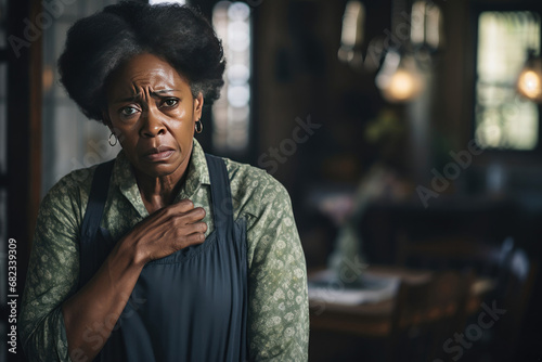 Worried middle-aged African American woman with hand on chest in a somber interior reflecting personal struggle suitable for drama and emotional storytelling