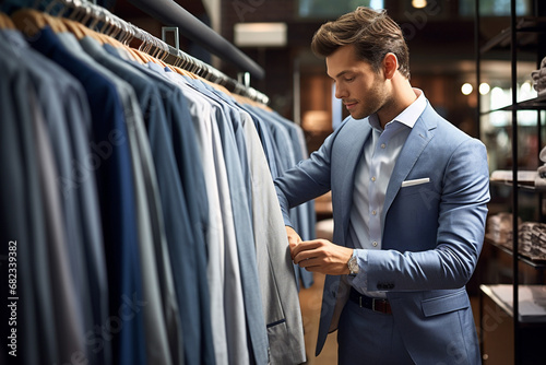 The picture of a handsome businessman in a neat suit selecting a suit in a luxury finished suit tailor shop. Generative AI.