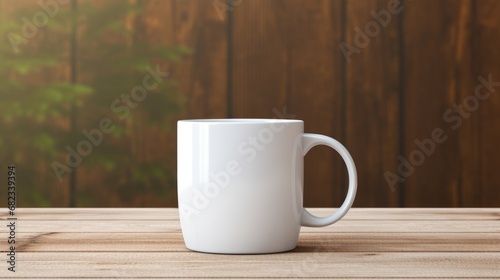 A white ceramic mug for hot drinks stands on a wooden table in a modern kitchen. Close-up view. Copy space mockup for logo design or text. Generative AI.