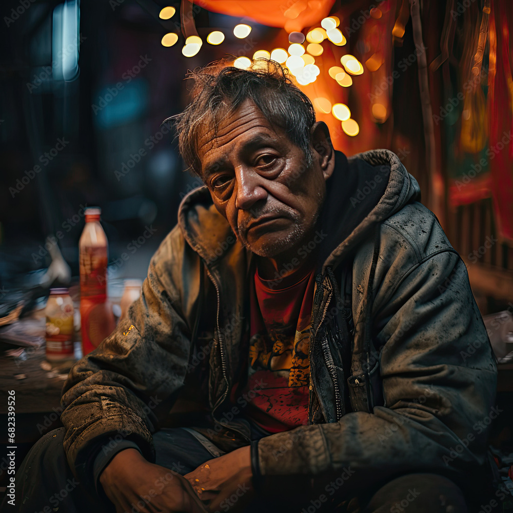 Portrait of an elder Asian man in reflective mood with vibrant colors conveying a story of life experience and resilience in an urban setting
