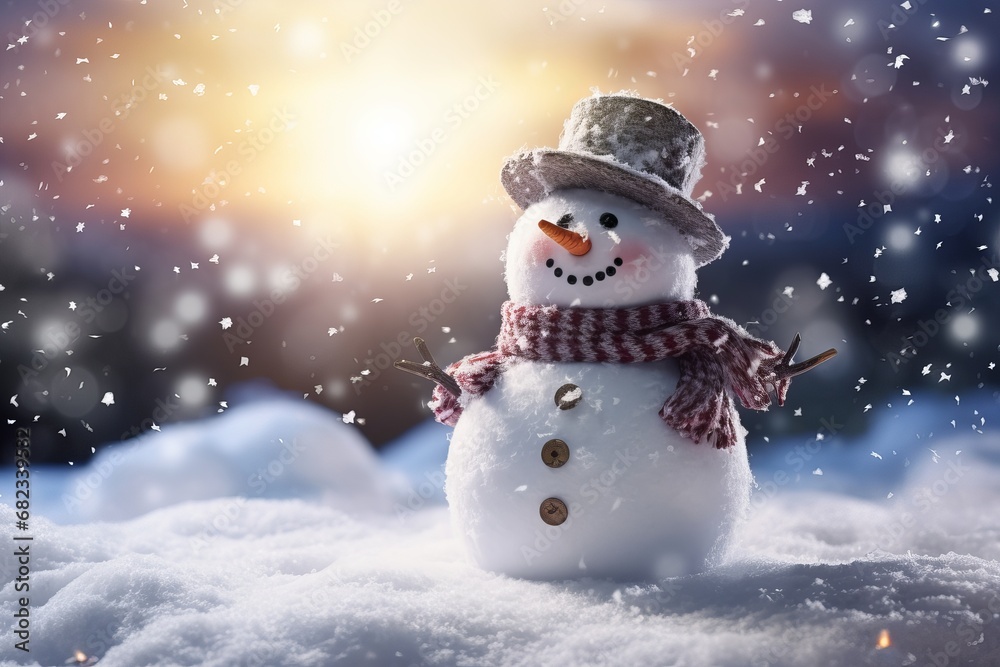 Snowman on the snow Sparkles on background, Snowfalling