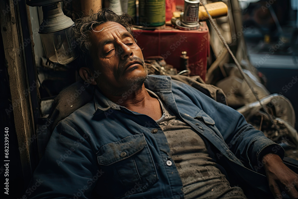 Mature mechanic taking a peaceful nap during break time in a vintage workshop embodying labor exhaustion and the human condition in a serene tranquil moment Mature mechanic taking a peaceful nap during break time in a vintage workshop embodying labor exhaustion and the human condition in a serene tranquil moment