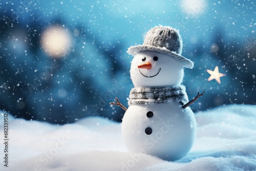 Snowman on the snow Sparkles on background, Snowfalling