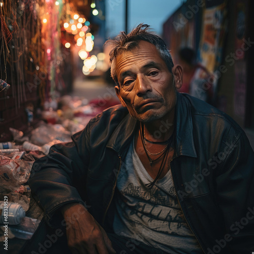 Middle-aged Latino man in leather jacket sitting on urban street during evening expressing serious and contemplative mood perfect for storytelling in social issues