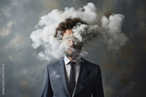 Businessman with cloud of smoke in his head. Concept of having ideas, thinking, stress, being creative and workaholic