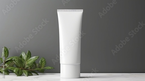 White plastic tube with moisturizing cream for hands or face. Skin care. Toothpaste. Modern grey bathroom design. Copy space mockup for logo design or text. Generative AI.