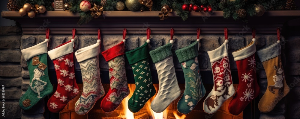 Christmas comfy fireplace with socks in living room with cookies and milk, panorama. Generative Ai.